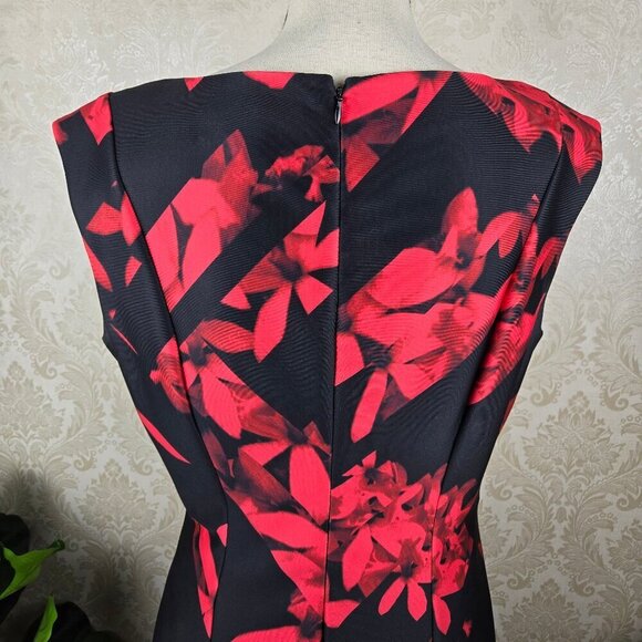 Karl Lagerfeld Sz 14 Black Red Floral Print Sheath Dress Sleeveless Ruched Front - Picture 7 of 14